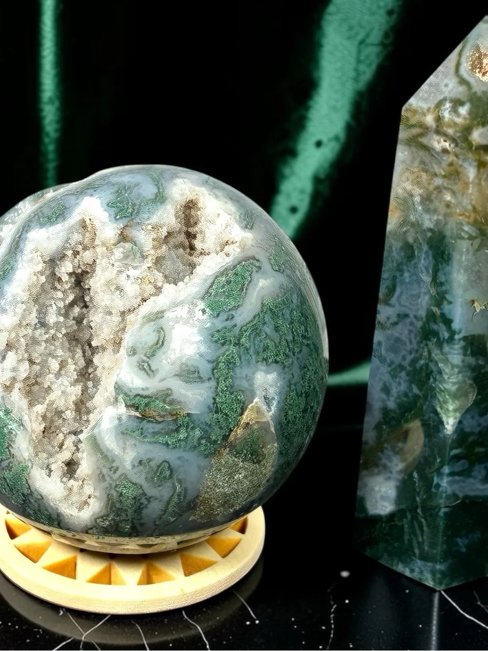 Emerald Dreamscape — Moss Agate Druzy Sphere & Tower Crystal Set